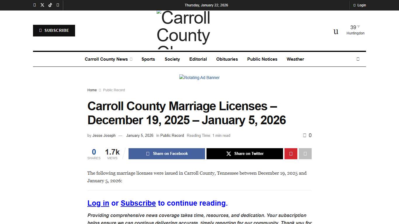 Carroll County Marriage Licenses - December 19, 2025 - January 5, 2026 - Carroll County Observer